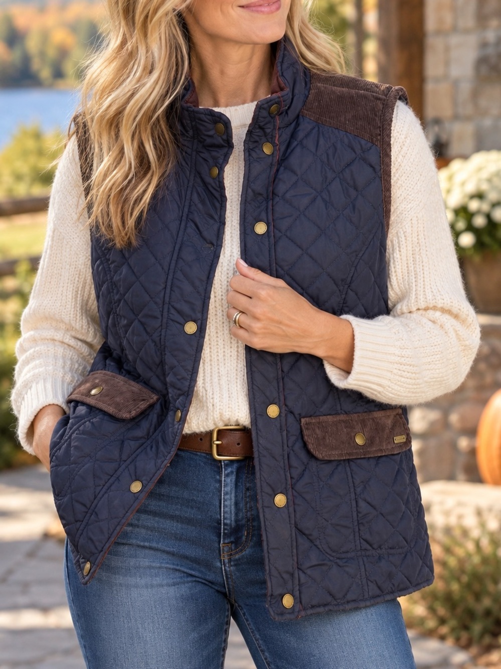 Papaya Weekend Quilted Vest Size 14 Navy Corduroy Trim Equestrian Country